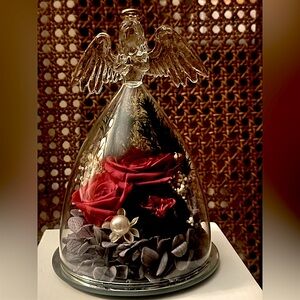 Glass Angel Dome with Red Preserved Roses - Elegant Home Art
